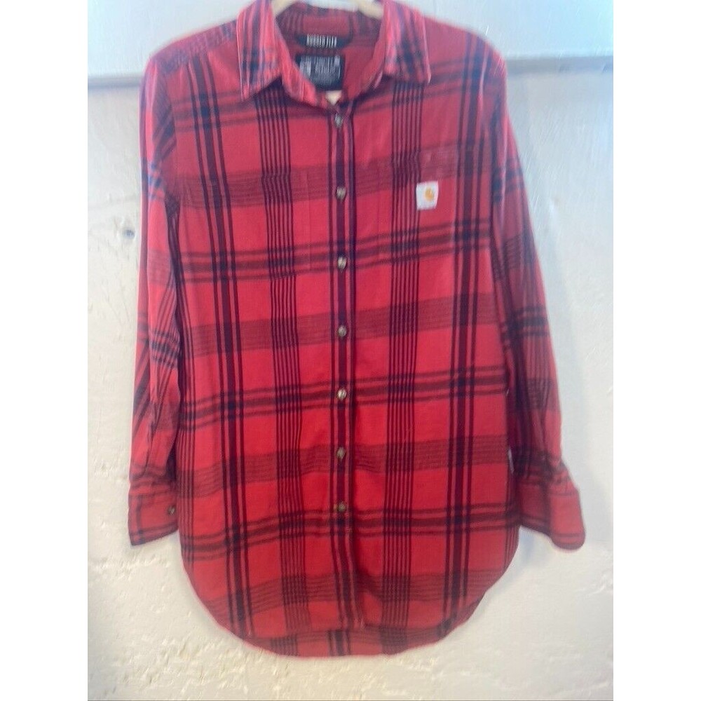 CARHARTT RUGGED FIT WOMENS MED RED PLAID SHACKET TUNIC SIDE POCKETS FLANNEL